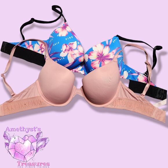 Victoria's Secret Pink everywhere push-up bra 32D bundle of two pink floral nude - Picture 1 of 5
